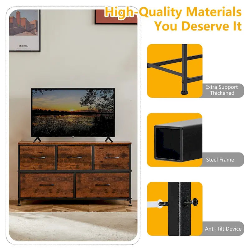 Commode moderne à 5 tiroirs avec bac en tissu, cadre en acier, plateau en bois pour chambre, entrée