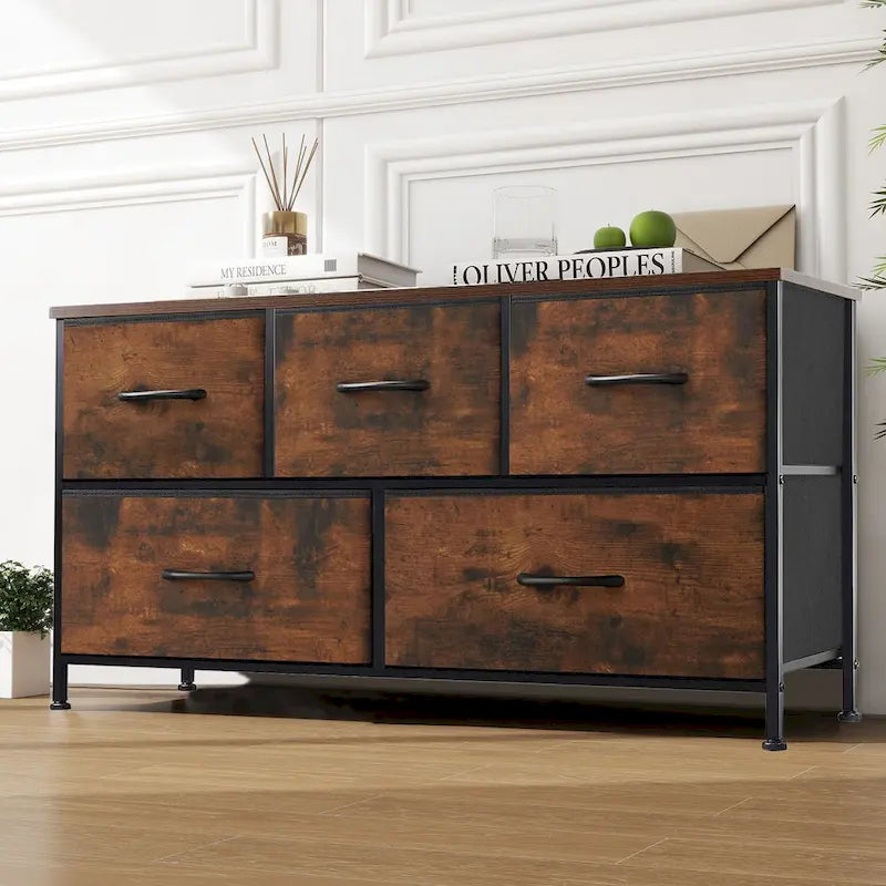 Commode moderne à 5 tiroirs avec bac en tissu, cadre en acier, plateau en bois pour chambre, entrée