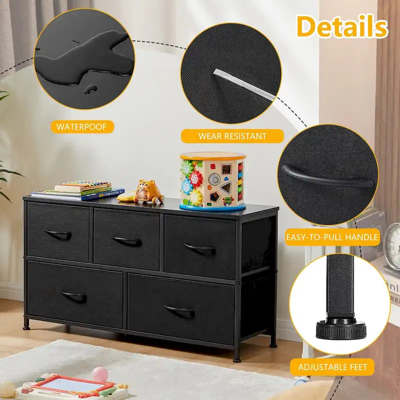 Commode moderne à 5 tiroirs avec bac en tissu, cadre en acier, plateau en bois pour chambre, entrée