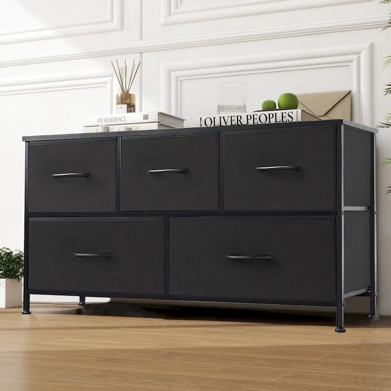 Commode moderne à 5 tiroirs avec bac en tissu, cadre en acier, plateau en bois pour chambre, entrée