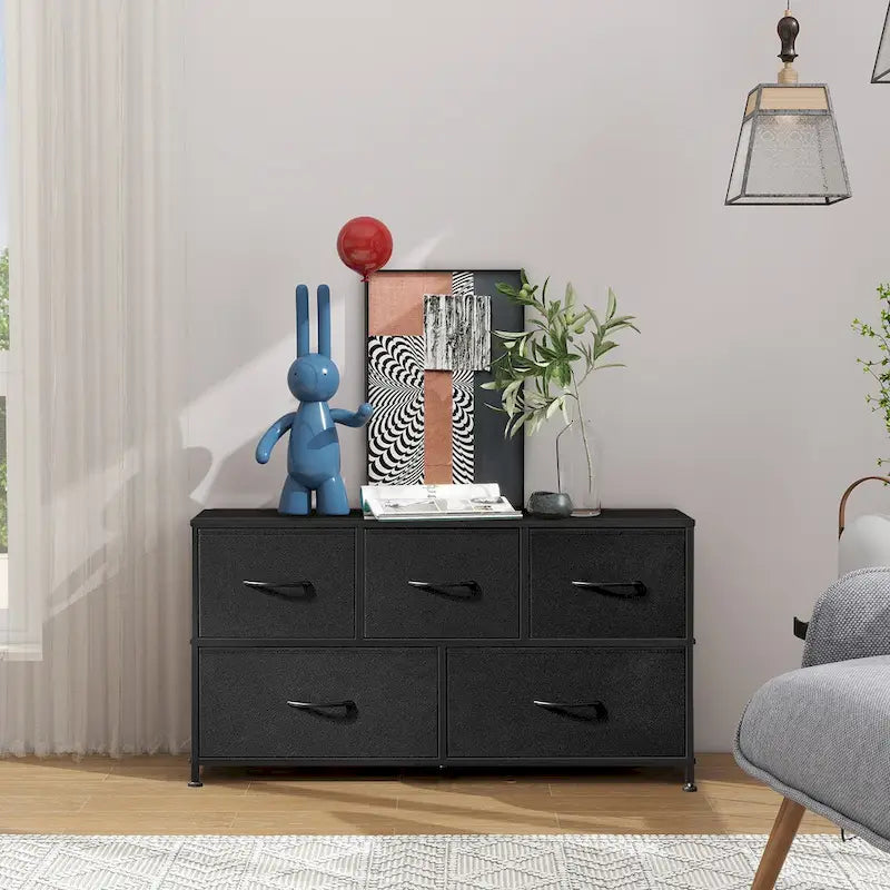 Commode moderne à 5 tiroirs avec bac en tissu, cadre en acier, plateau en bois pour chambre, entrée