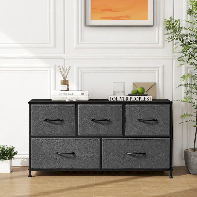 Commode moderne à 5 tiroirs avec bac en tissu, cadre en acier, plateau en bois pour chambre, entrée