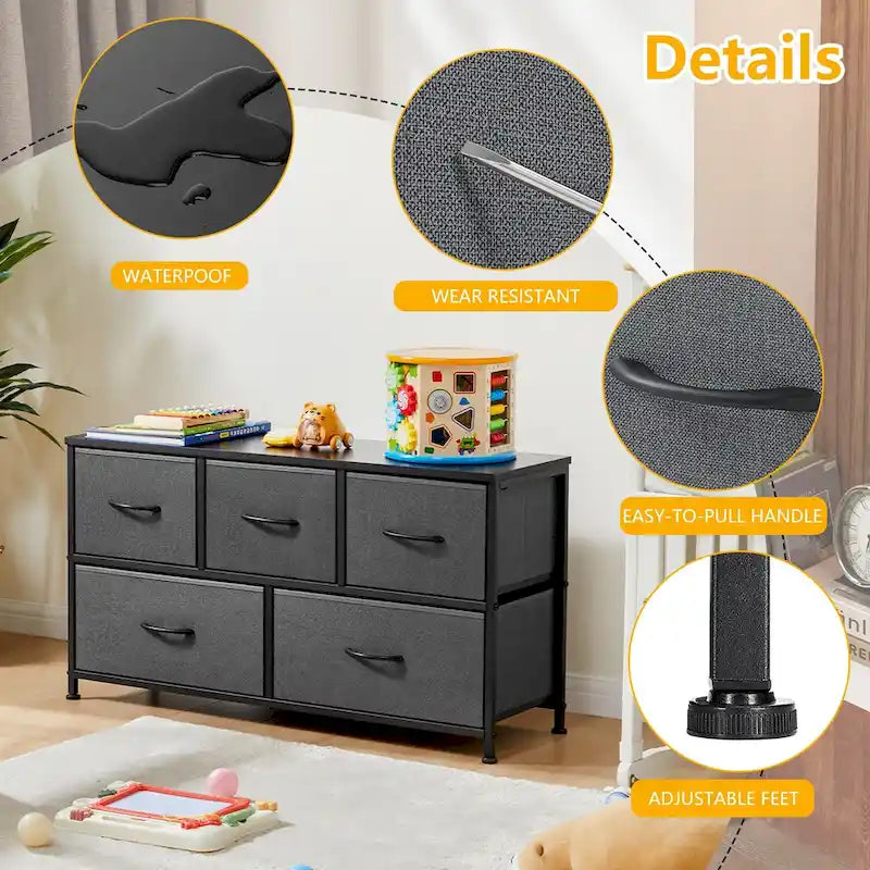 Commode moderne à 5 tiroirs avec bac en tissu, cadre en acier, plateau en bois pour chambre, entrée