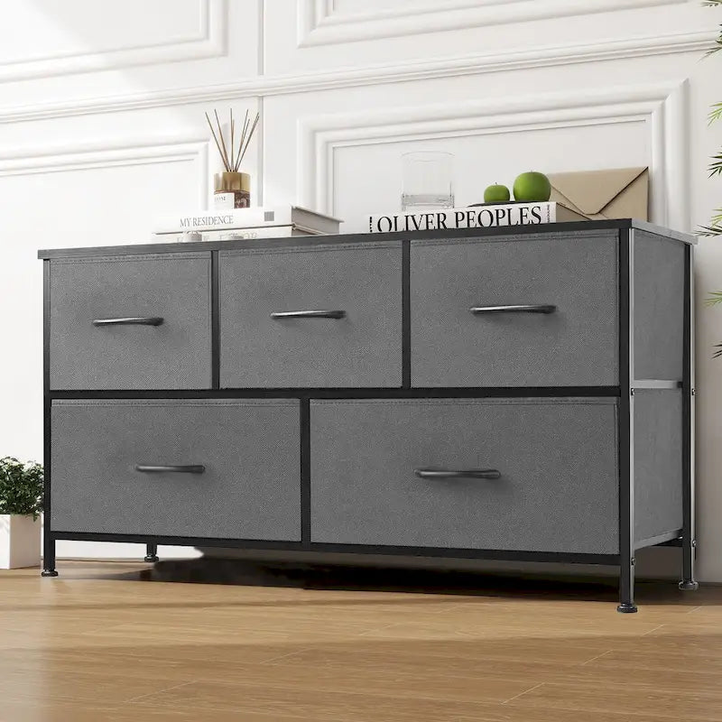 Commode moderne à 5 tiroirs avec bac en tissu, cadre en acier, plateau en bois pour chambre, entrée