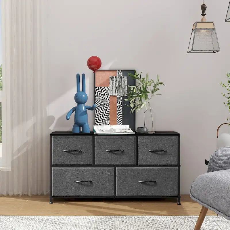 Commode moderne à 5 tiroirs avec bac en tissu, cadre en acier, plateau en bois pour chambre, entrée