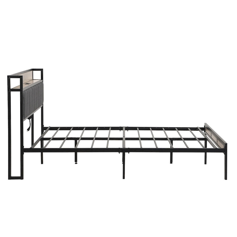 Lit plateforme pleine grandeur en métal avec tête de lit rembourrée à fonction de rangement et port USB