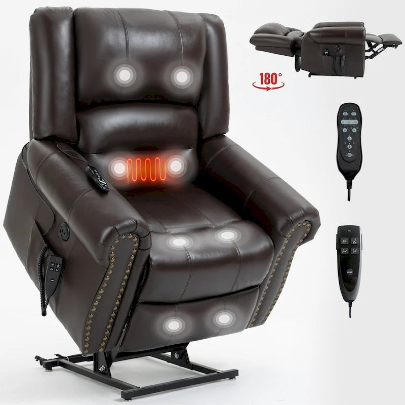 Fauteuil inclinable électrique en cuir véritable marron avec double moteur, chauffage et massage, ports USB et inclinaison infinie