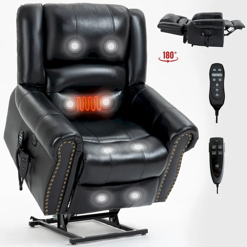 Fauteuil inclinable électrique en cuir véritable marron avec double moteur, chauffage et massage, ports USB et inclinaison infinie