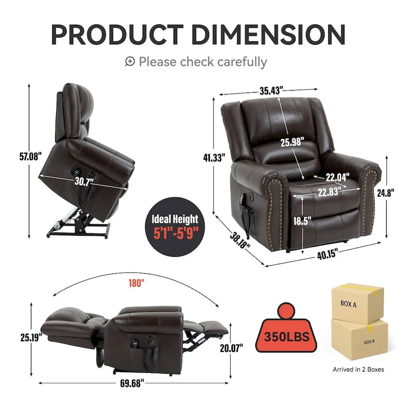 Fauteuil inclinable électrique en cuir véritable marron avec double moteur, chauffage et massage, ports USB et inclinaison infinie