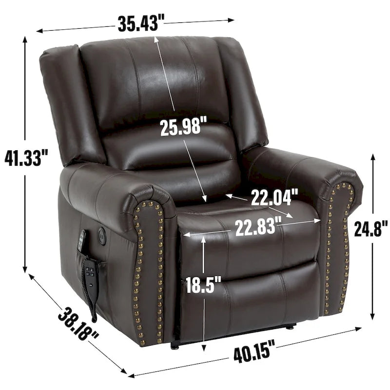 Fauteuil inclinable électrique en cuir véritable marron avec double moteur, chauffage et massage, ports USB et inclinaison infinie