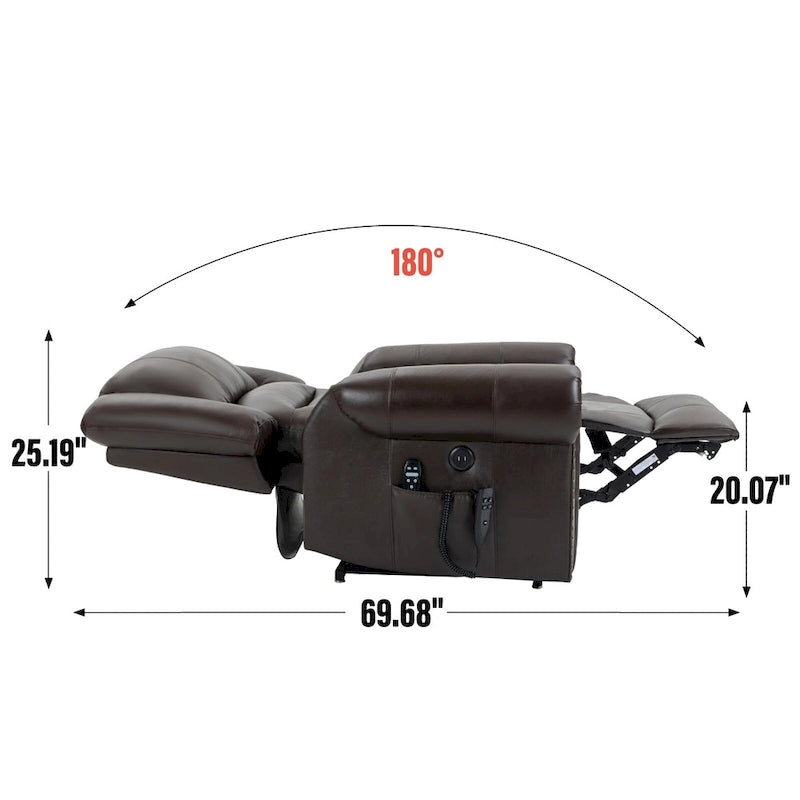 Fauteuil inclinable électrique en cuir véritable marron avec double moteur, chauffage et massage, ports USB et inclinaison infinie