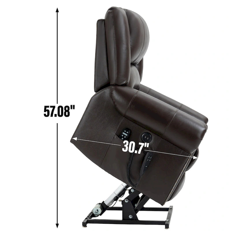 Fauteuil inclinable électrique en cuir véritable marron avec double moteur, chauffage et massage, ports USB et inclinaison infinie