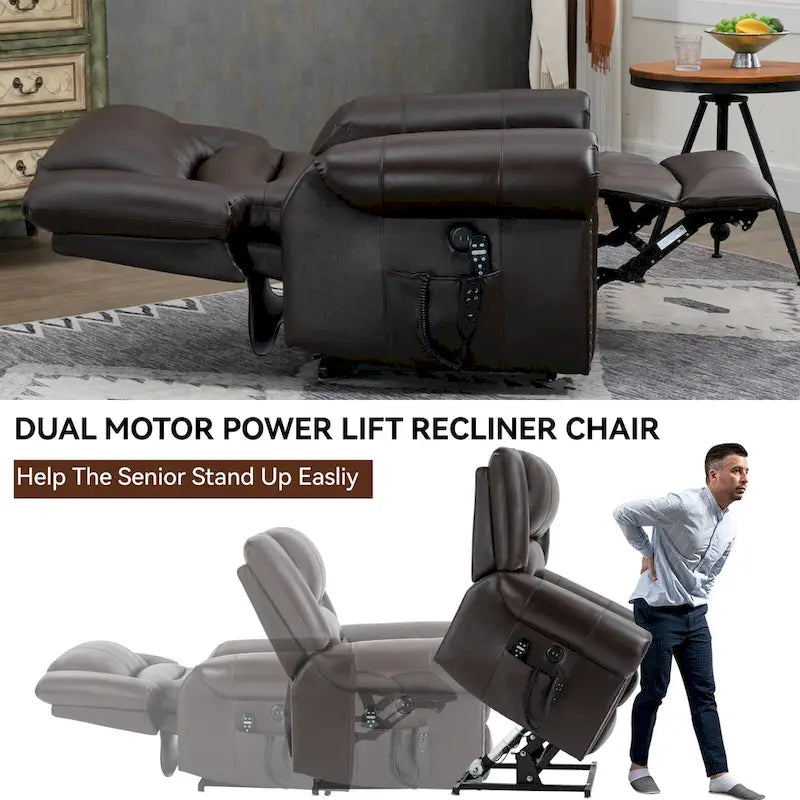Fauteuil inclinable électrique en cuir véritable marron avec double moteur, chauffage et massage, ports USB et inclinaison infinie