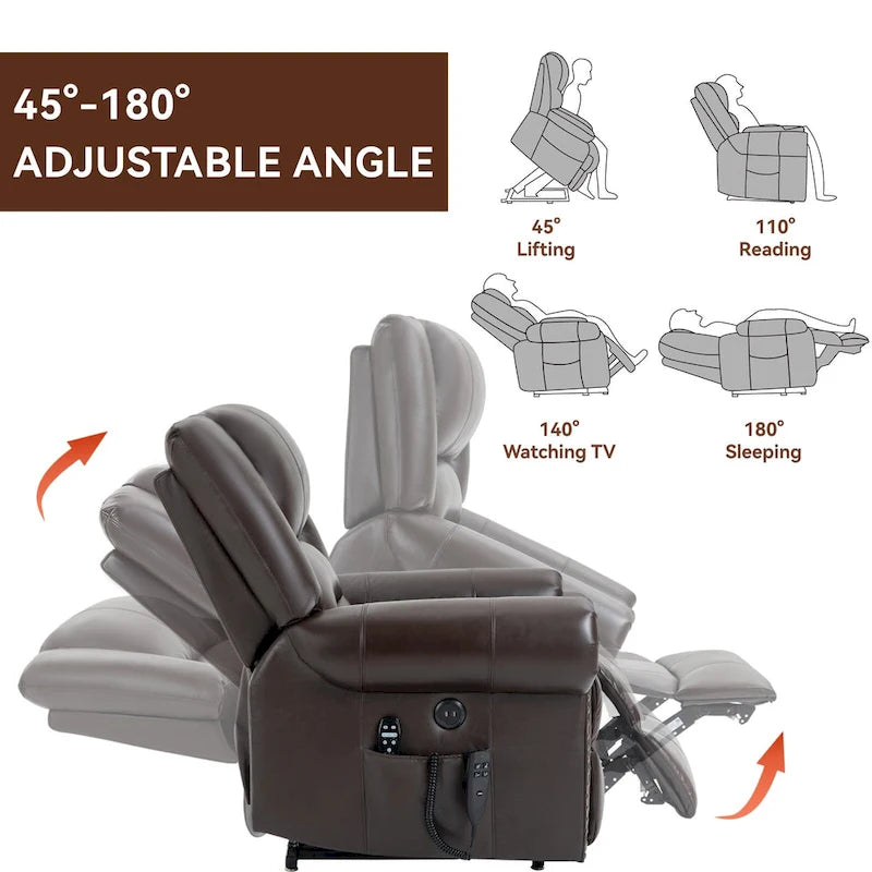 Fauteuil inclinable électrique en cuir véritable marron avec double moteur, chauffage et massage, ports USB et inclinaison infinie