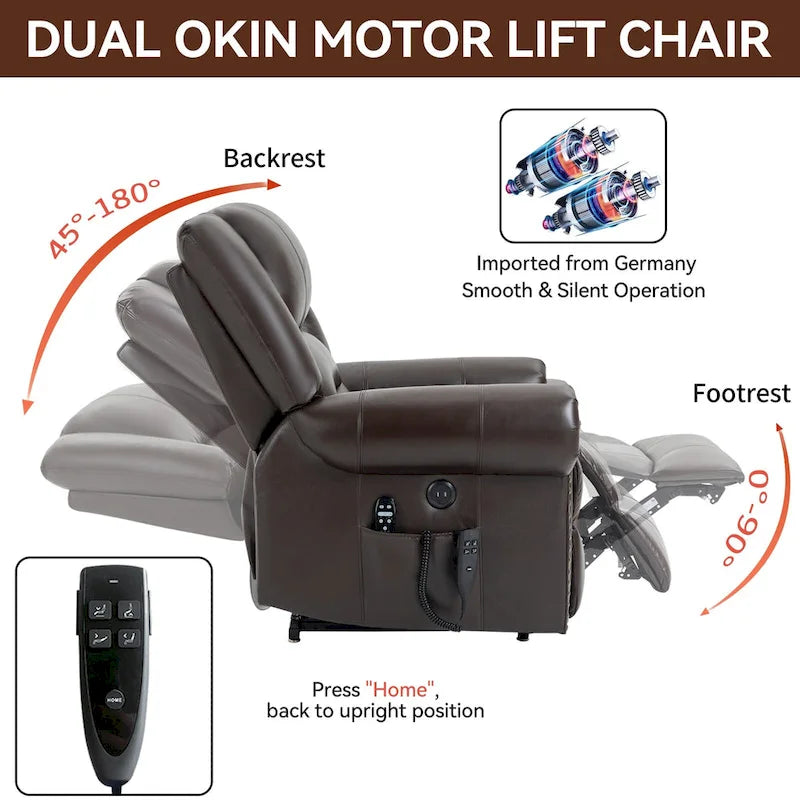 Fauteuil inclinable électrique en cuir véritable marron avec double moteur, chauffage et massage, ports USB et inclinaison infinie