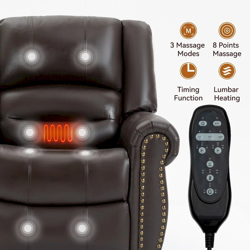 Fauteuil inclinable électrique en cuir véritable marron avec double moteur, chauffage et massage, ports USB et inclinaison infinie
