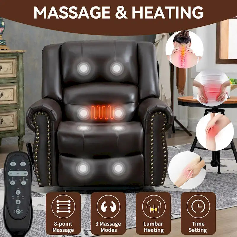 Fauteuil inclinable électrique en cuir véritable marron avec double moteur, chauffage et massage, ports USB et inclinaison infinie
