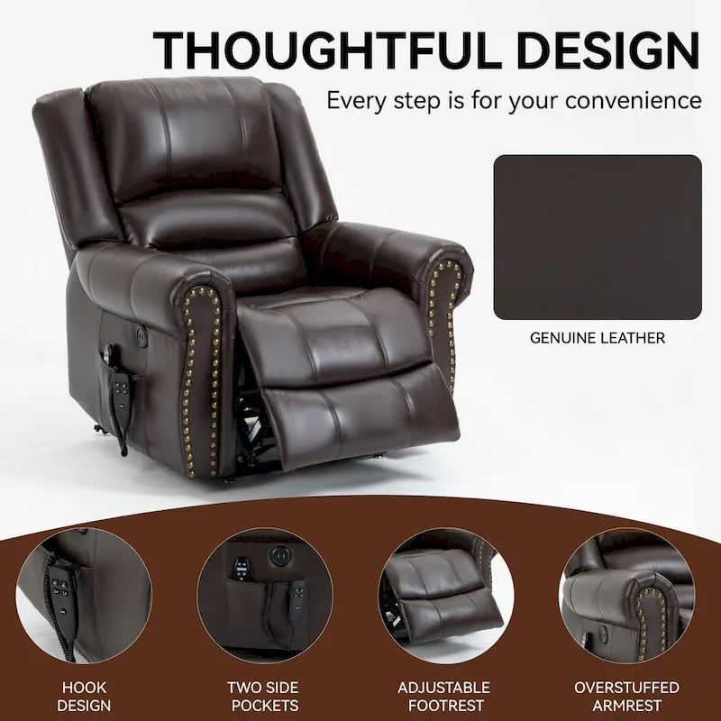 Fauteuil inclinable électrique en cuir véritable marron avec double moteur, chauffage et massage, ports USB et inclinaison infinie