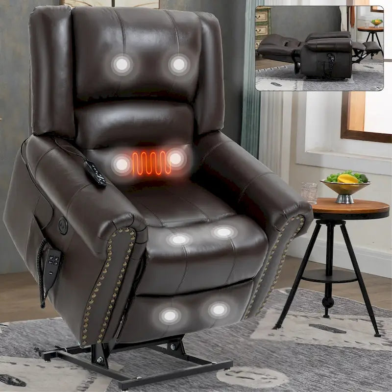 Fauteuil inclinable électrique en cuir véritable marron avec double moteur, chauffage et massage, ports USB et inclinaison infinie