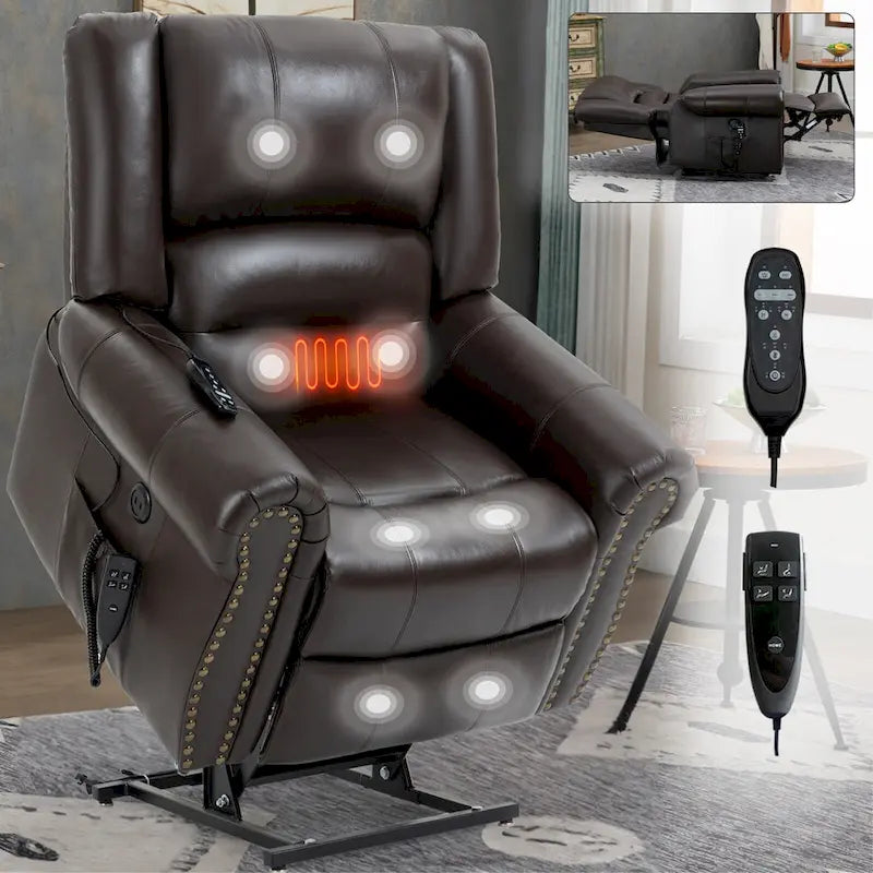 Fauteuil inclinable électrique en cuir véritable marron avec double moteur, chauffage et massage, ports USB et inclinaison infinie