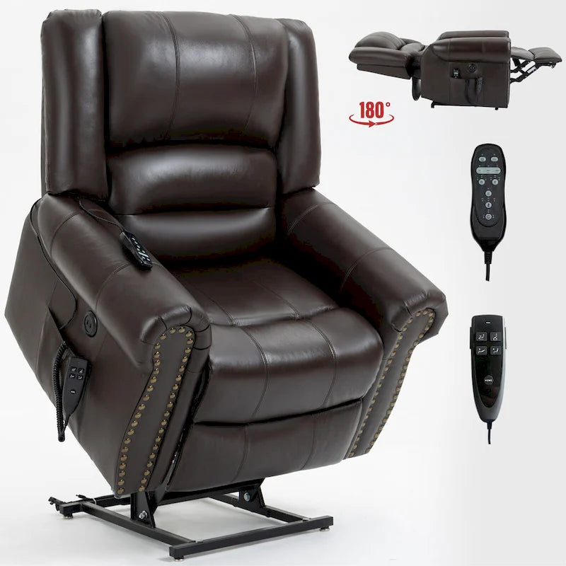 Fauteuil inclinable électrique en cuir véritable marron avec double moteur, chauffage et massage, ports USB et inclinaison infinie