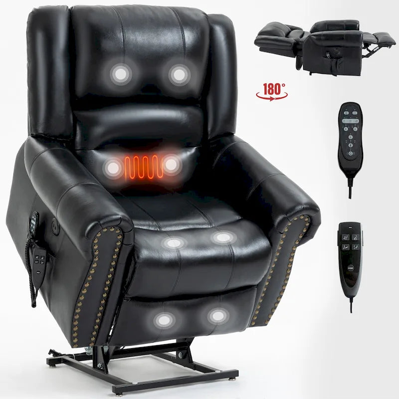 Fauteuil inclinable électrique en cuir véritable marron avec double moteur, chauffage et massage, ports USB et inclinaison infinie