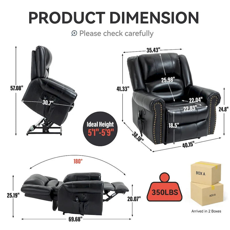Fauteuil inclinable électrique en cuir véritable marron avec double moteur, chauffage et massage, ports USB et inclinaison infinie