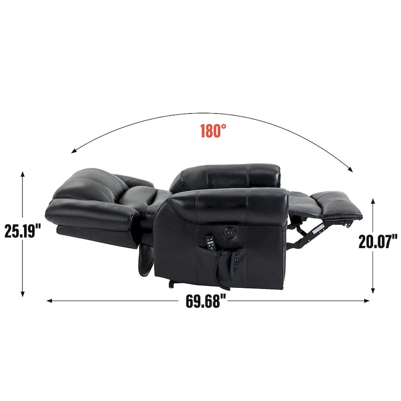 Fauteuil inclinable électrique en cuir véritable marron avec double moteur, chauffage et massage, ports USB et inclinaison infinie