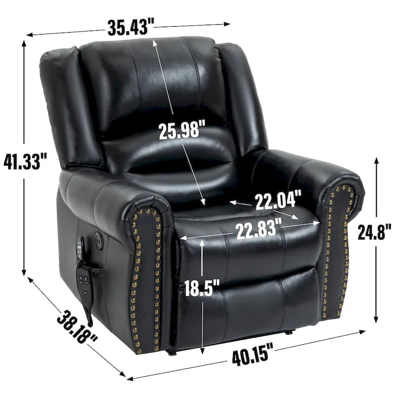 Fauteuil inclinable électrique en cuir véritable marron avec double moteur, chauffage et massage, ports USB et inclinaison infinie