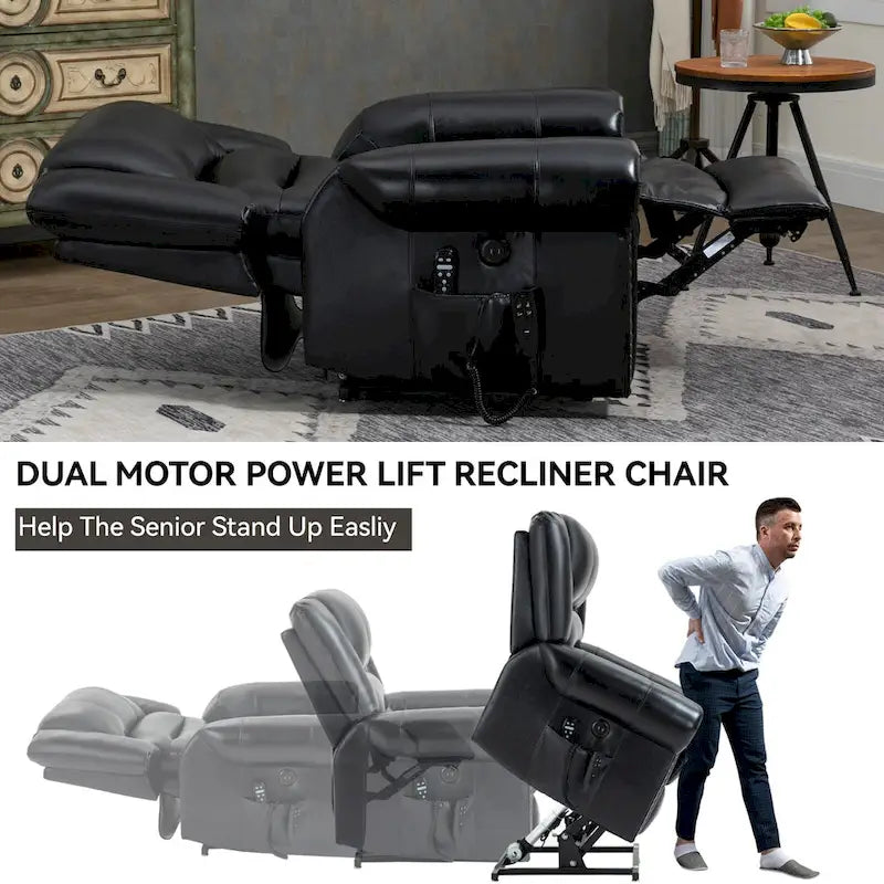 Fauteuil inclinable électrique en cuir véritable marron avec double moteur, chauffage et massage, ports USB et inclinaison infinie