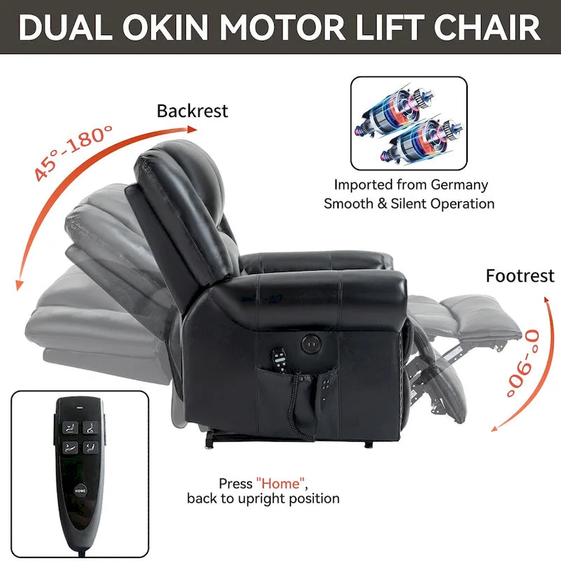 Fauteuil inclinable électrique en cuir véritable marron avec double moteur, chauffage et massage, ports USB et inclinaison infinie