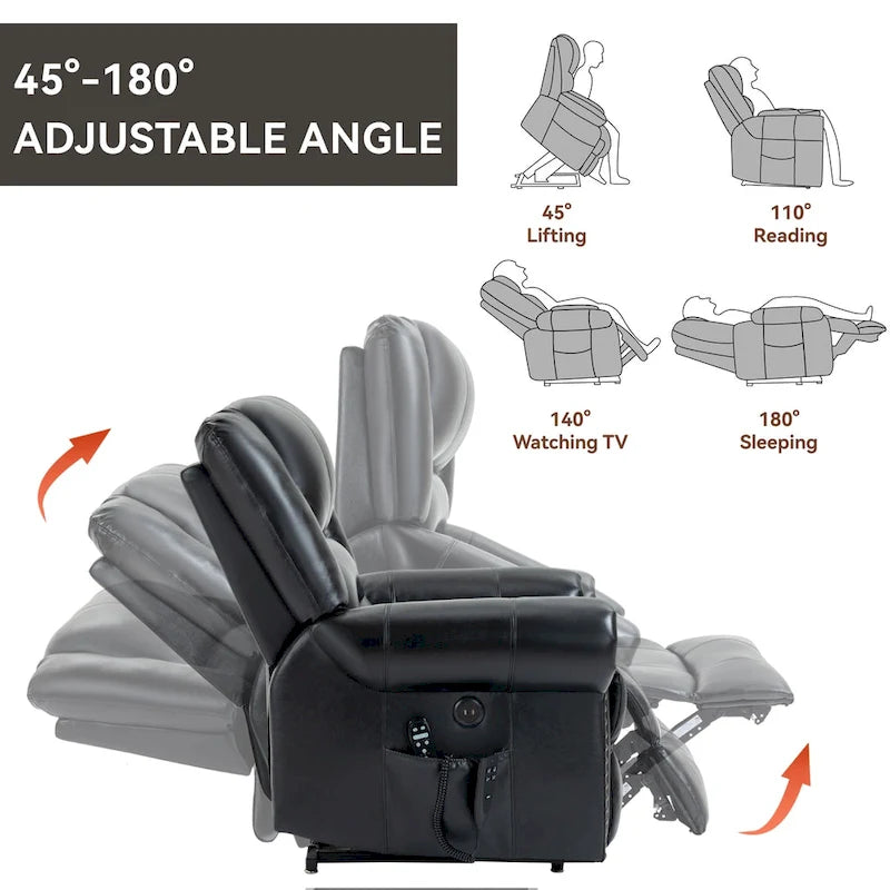 Fauteuil inclinable électrique en cuir véritable marron avec double moteur, chauffage et massage, ports USB et inclinaison infinie