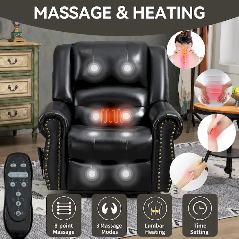 Fauteuil inclinable électrique en cuir véritable marron avec double moteur, chauffage et massage, ports USB et inclinaison infinie