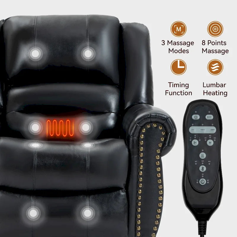 Fauteuil inclinable électrique en cuir véritable marron avec double moteur, chauffage et massage, ports USB et inclinaison infinie