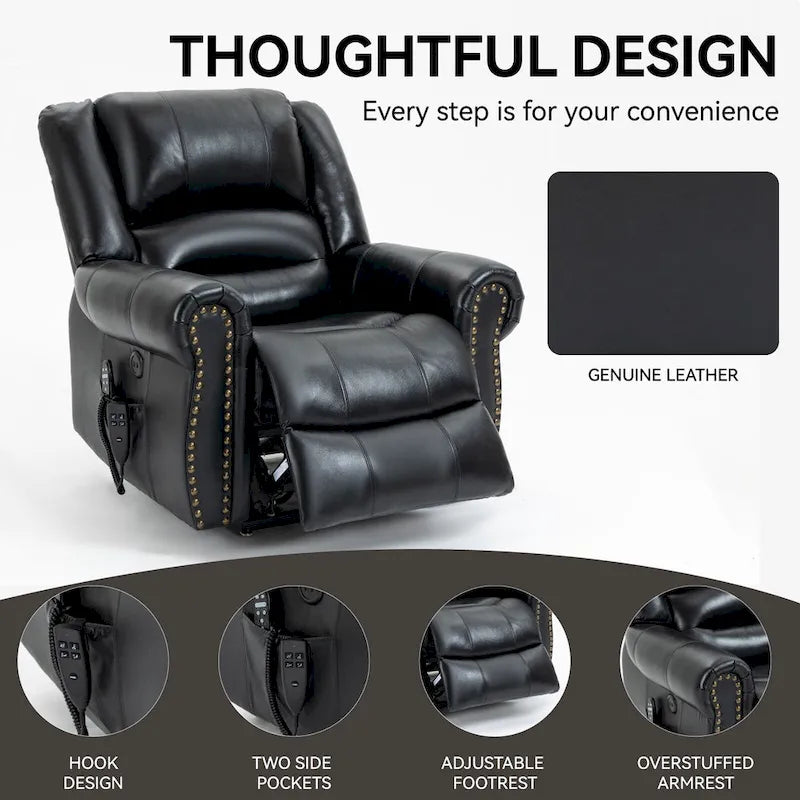 Fauteuil inclinable électrique en cuir véritable marron avec double moteur, chauffage et massage, ports USB et inclinaison infinie