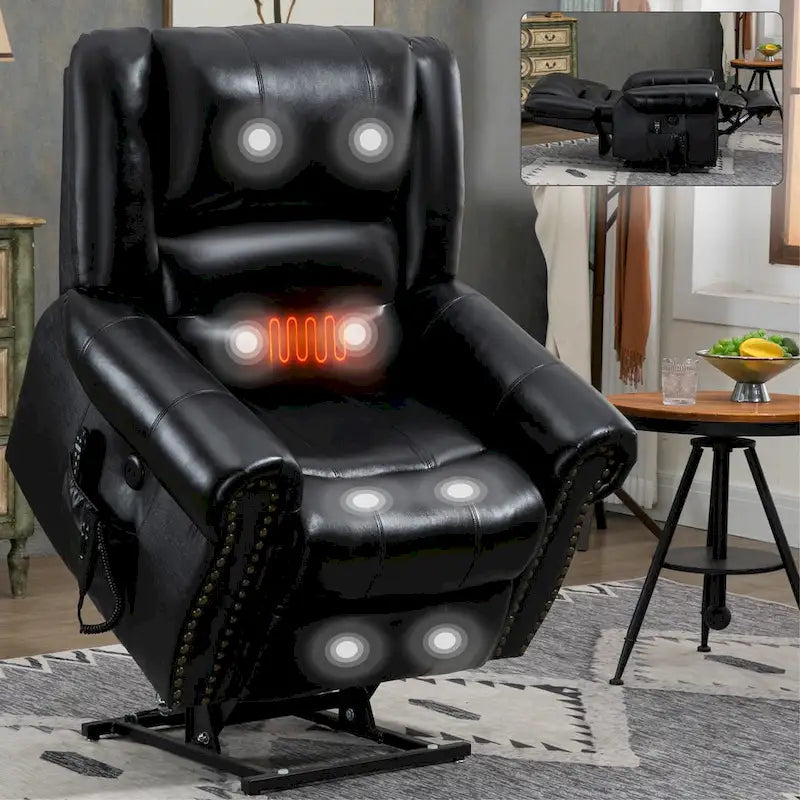 Fauteuil inclinable électrique en cuir véritable marron avec double moteur, chauffage et massage, ports USB et inclinaison infinie