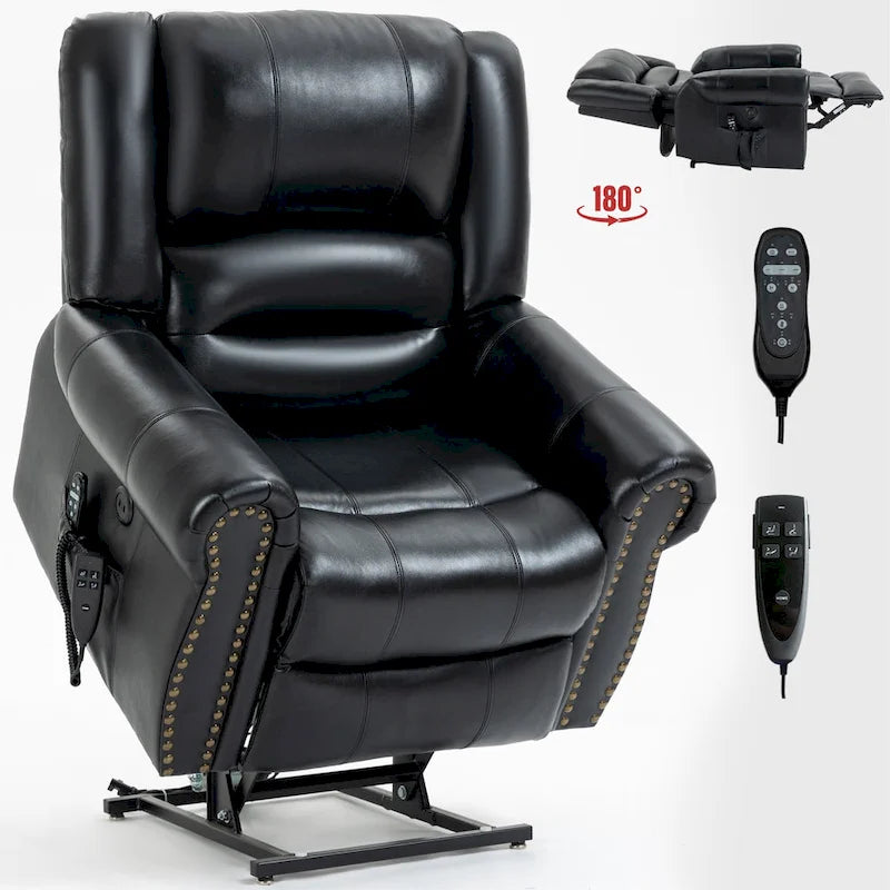 Fauteuil inclinable électrique en cuir véritable marron avec double moteur, chauffage et massage, ports USB et inclinaison infinie