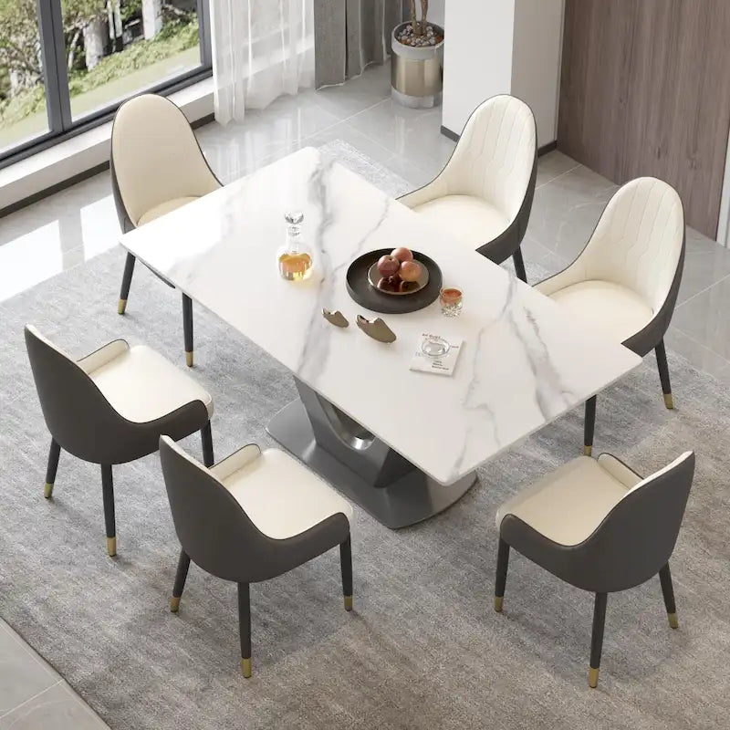 Table à manger classique en marbre Plateau en pierre frittée avec piédestal gris