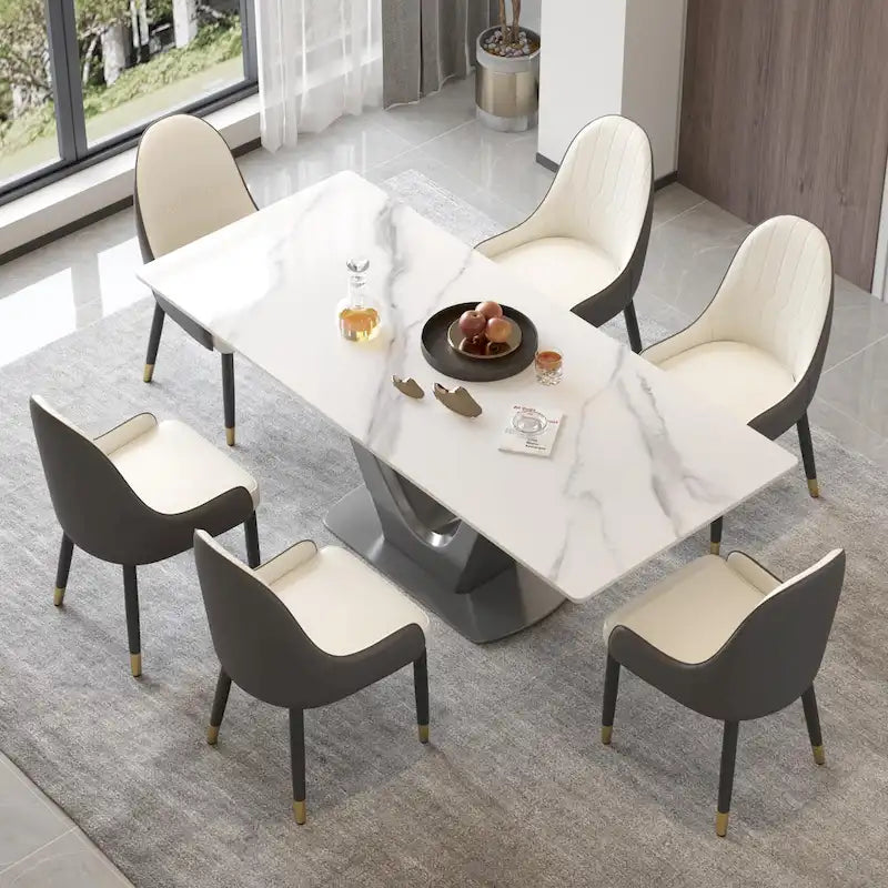 Table à manger classique en marbre Plateau en pierre frittée avec piédestal gris