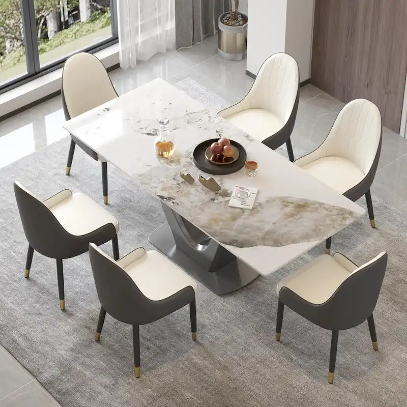 Table à manger classique en marbre Plateau en pierre frittée avec piédestal gris