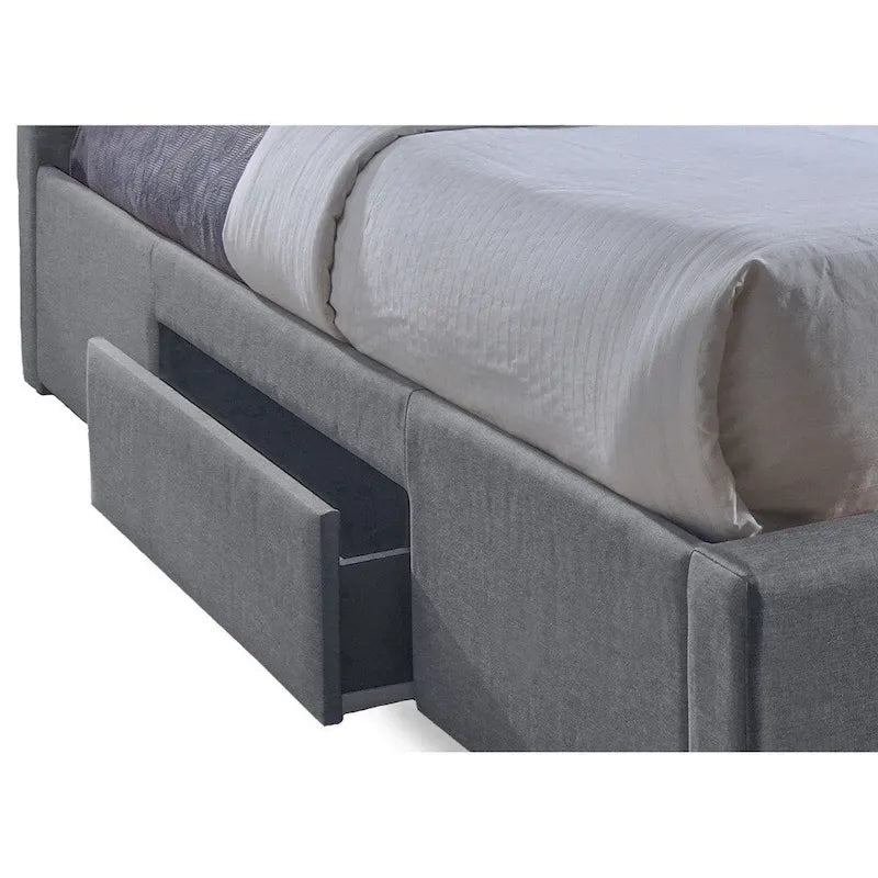 Lit de rangement contemporain en tissu gris capitonné avec 2 tiroirs
