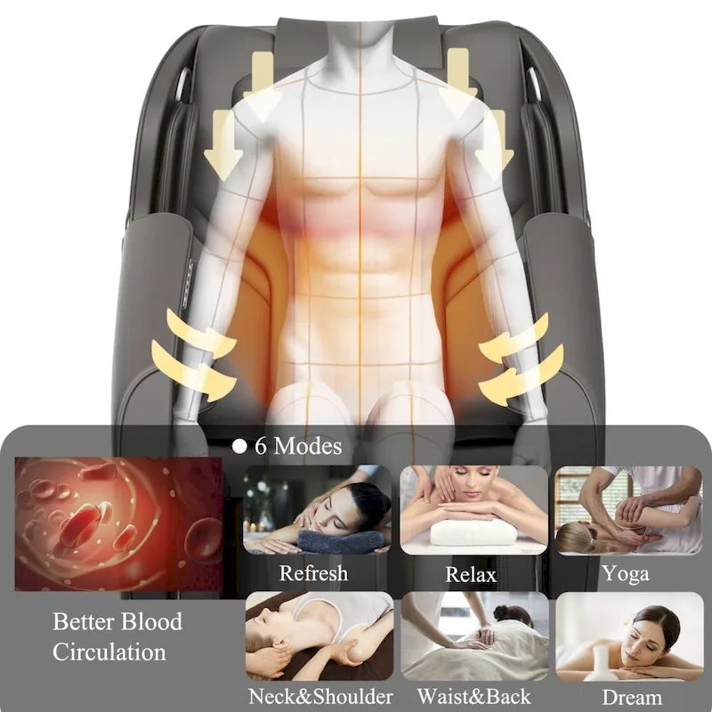 Fauteuil de massage relaxant avec gravité zéro, airbag, haut-parleur Bluetooth, rouleau de pieds - Noir