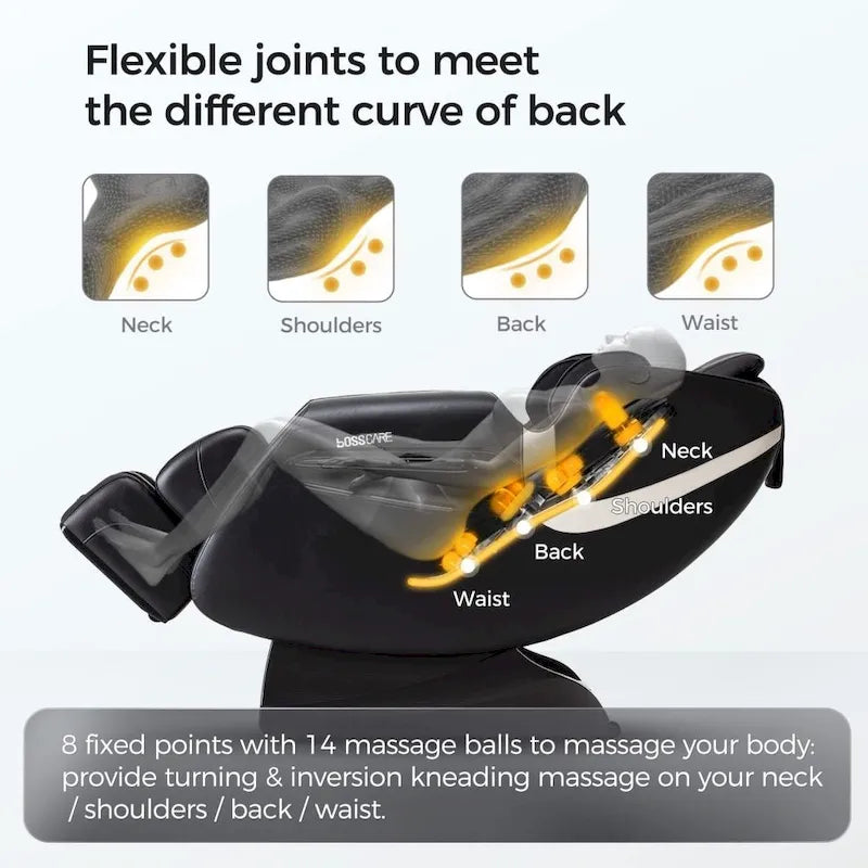 Fauteuil de massage relaxant avec gravité zéro, airbag, haut-parleur Bluetooth, rouleau de pieds - Noir