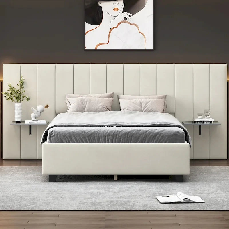 Lit plateforme tapissé grand format avec grande tête de lit, velours, beige