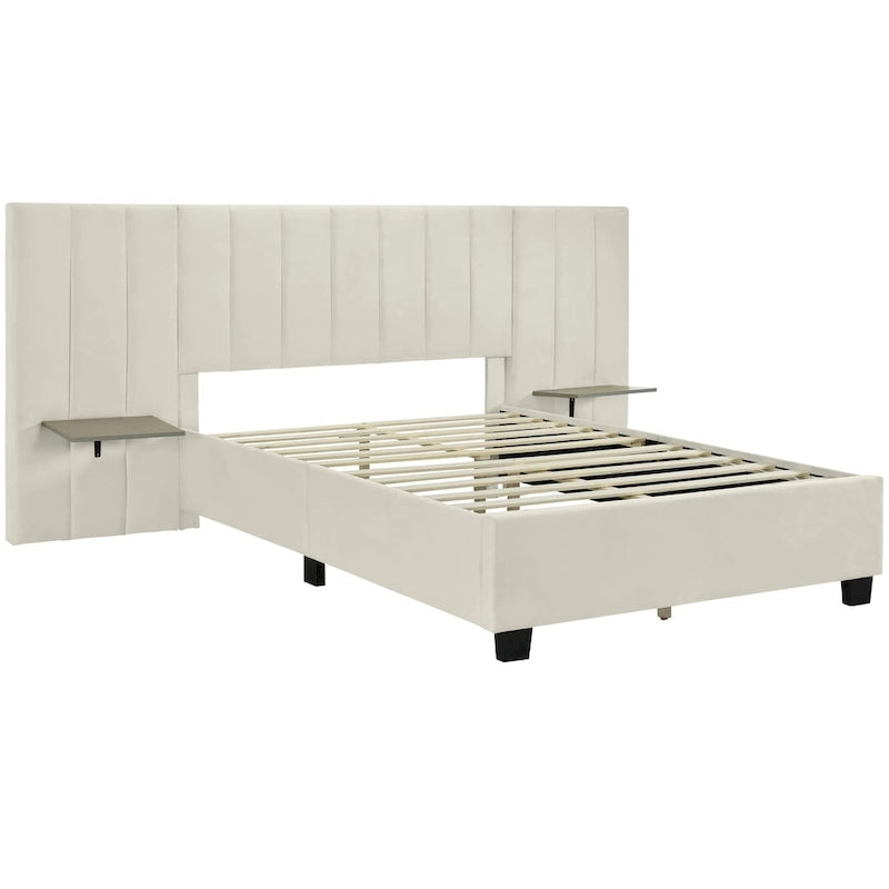 Lit plateforme tapissé grand format avec grande tête de lit, velours, beige