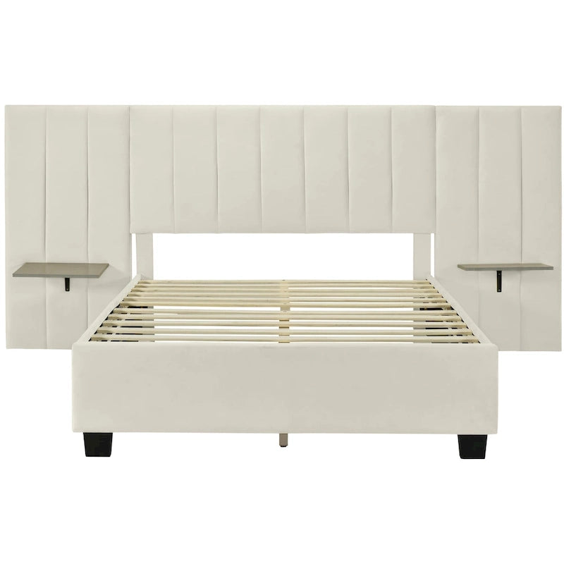 Lit plateforme tapissé grand format avec grande tête de lit, velours, beige