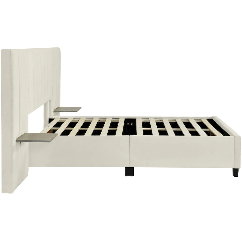 Lit plateforme tapissé grand format avec grande tête de lit, velours, beige