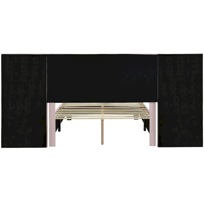 Lit plateforme tapissé grand format avec grande tête de lit, velours, beige