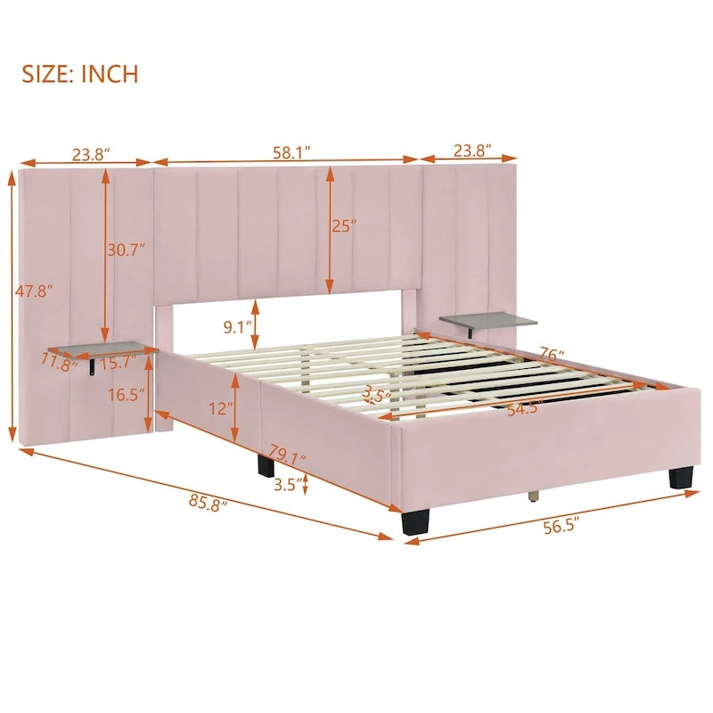 Lit plateforme tapissé grand format avec grande tête de lit, velours, beige