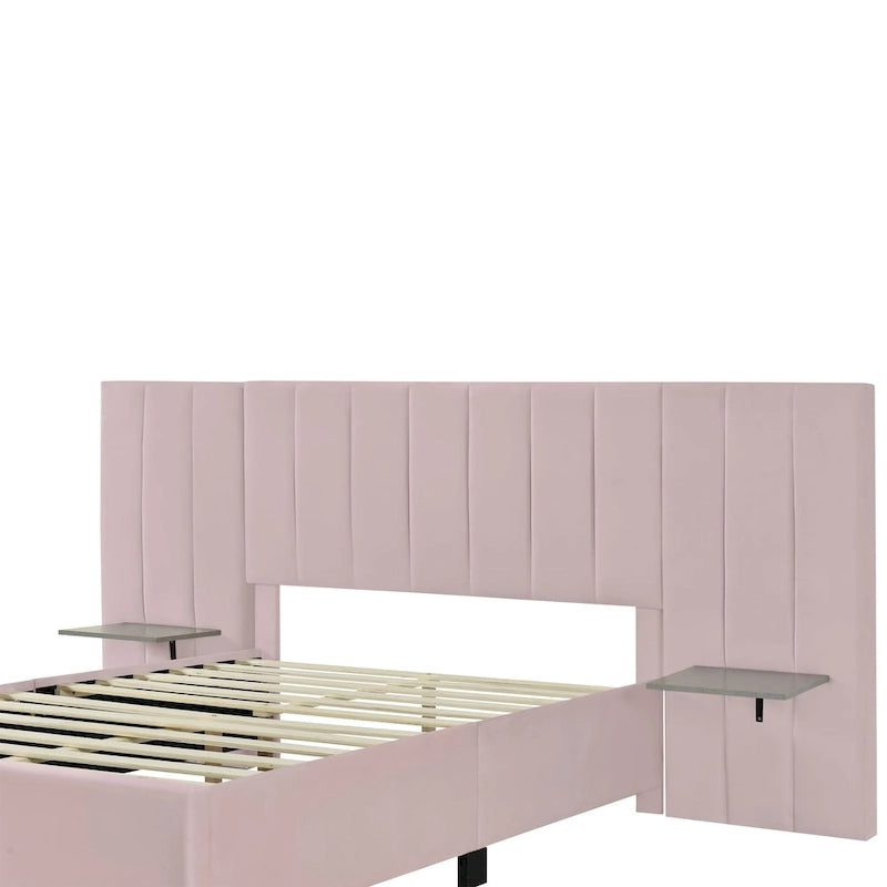 Lit plateforme tapissé grand format avec grande tête de lit, velours, beige